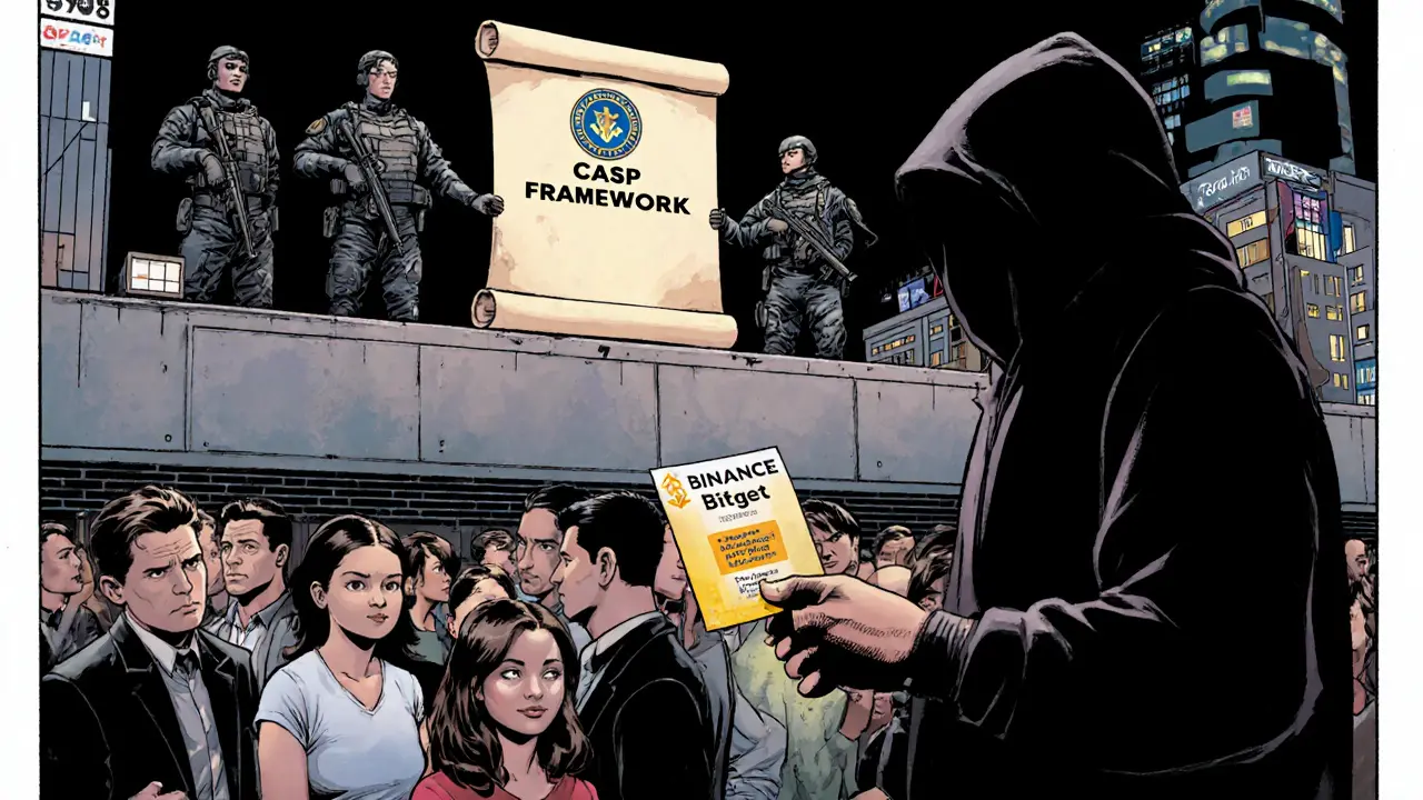 Shadowy figure distributing unlicensed crypto promo flyers while SEC agents watch from above, with licensed exchanges glowing in the distance.