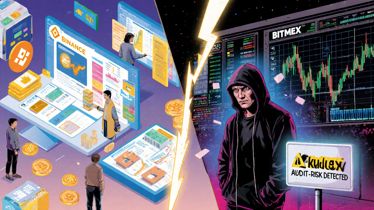 Split-panel: modern Binance platform vs. gritty BitMEX terminal, lightning dividing the two trading worlds.