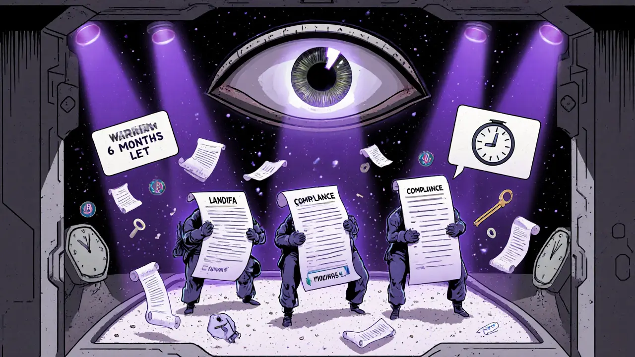 Three crypto firms in a regulatory sandbox surrounded by clocks and documents, watched by a giant Bank of Namibia eye.