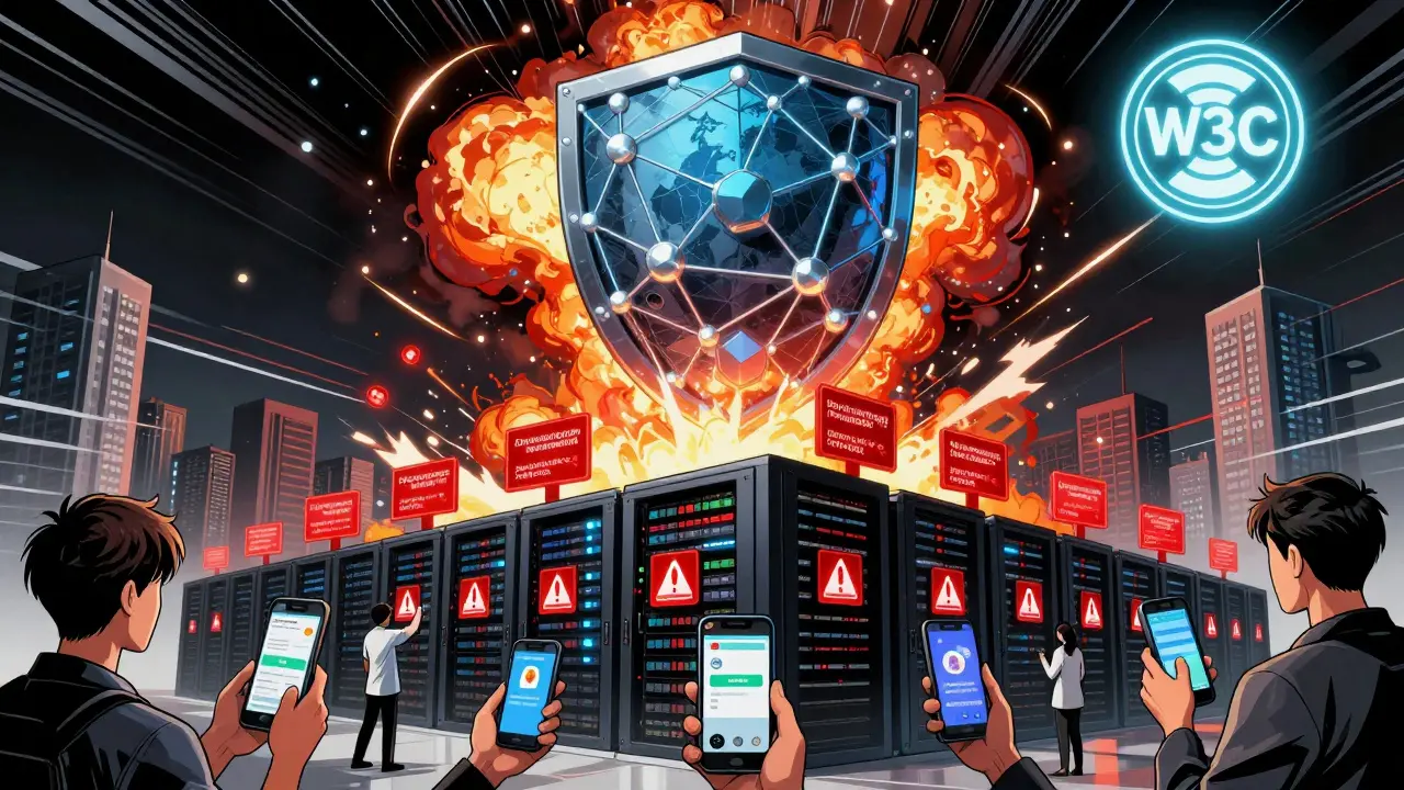 A blockchain shield rises as centralized data centers explode, citizens verify identities with privacy.
