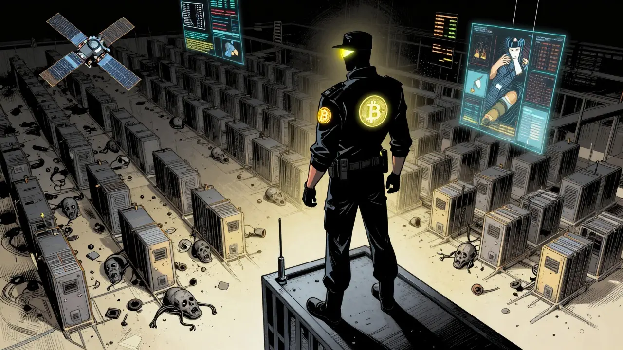 A Chinese financial enforcer overlooking an abandoned Bitcoin mining farm, with holographic evidence floating in the air.