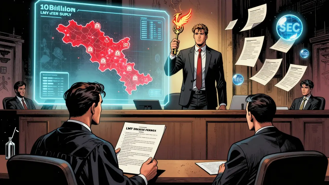 A courtroom scene with a lawyer presenting LMY tax documents to a judge, while a phoenix-shaped key glows behind them.