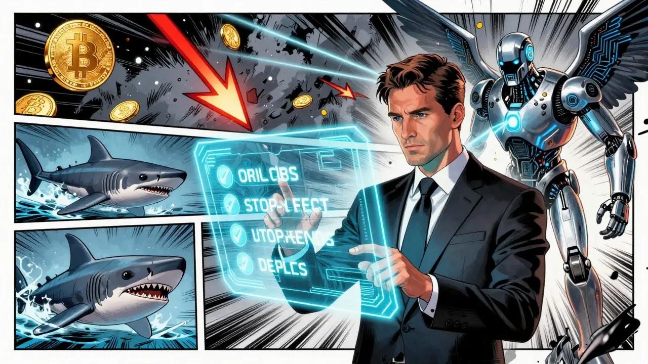 A crypto investor controls an AI guardian as a market storm rages, with holographic trading rules glowing.
