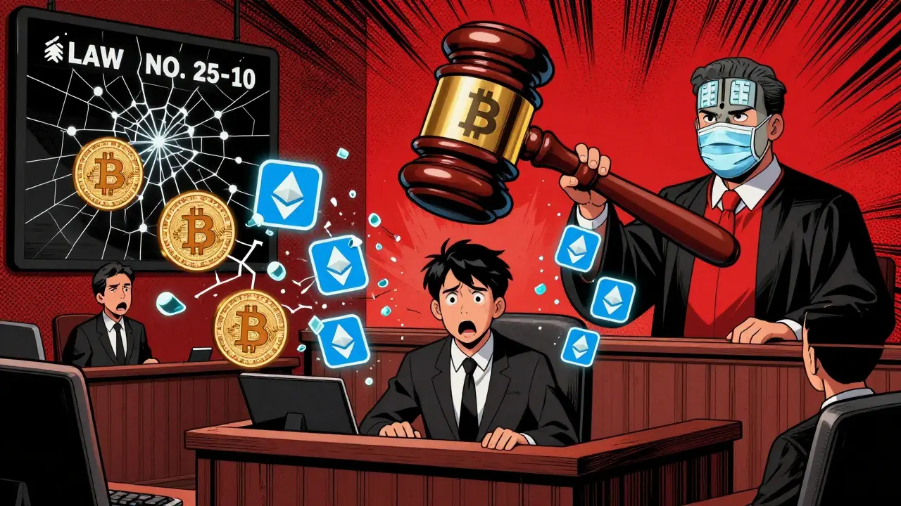 A developer on trial as Bitcoin and Ethereum icons shatter around them under a bank-shaped gavel.