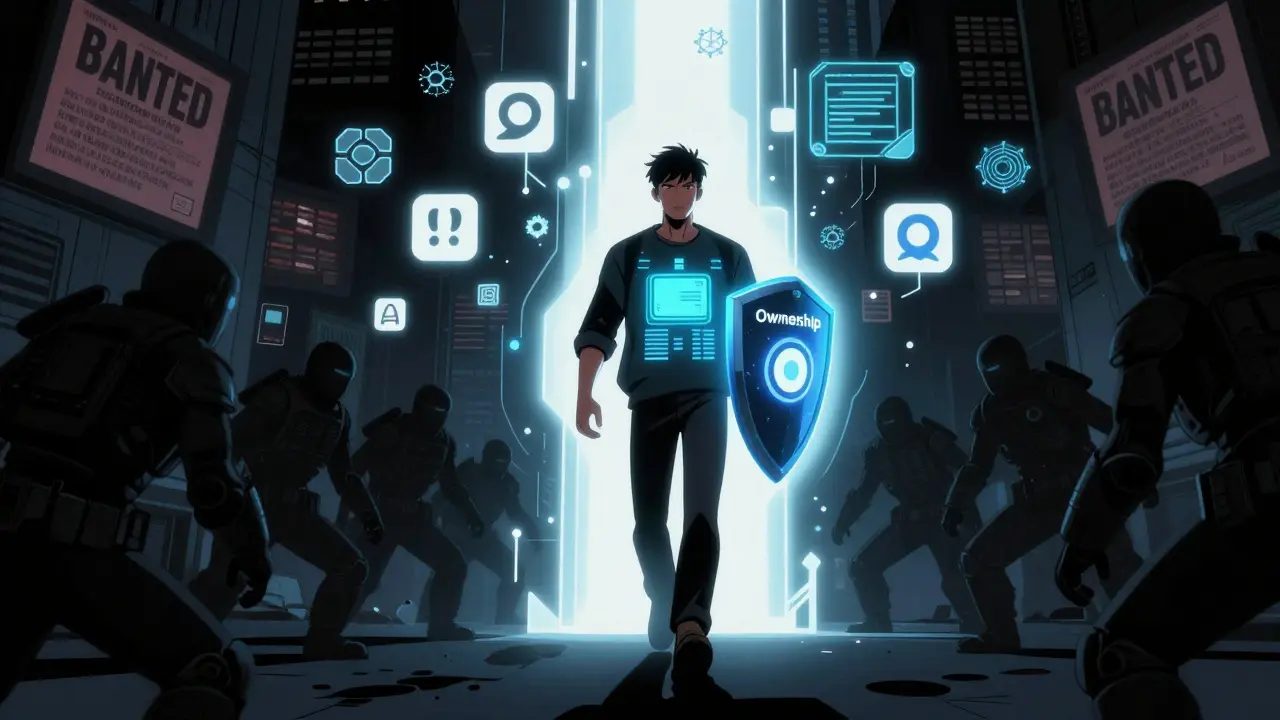 A figure stepping into a radiant portal of decentralized identity, protected by a shield of ownership.