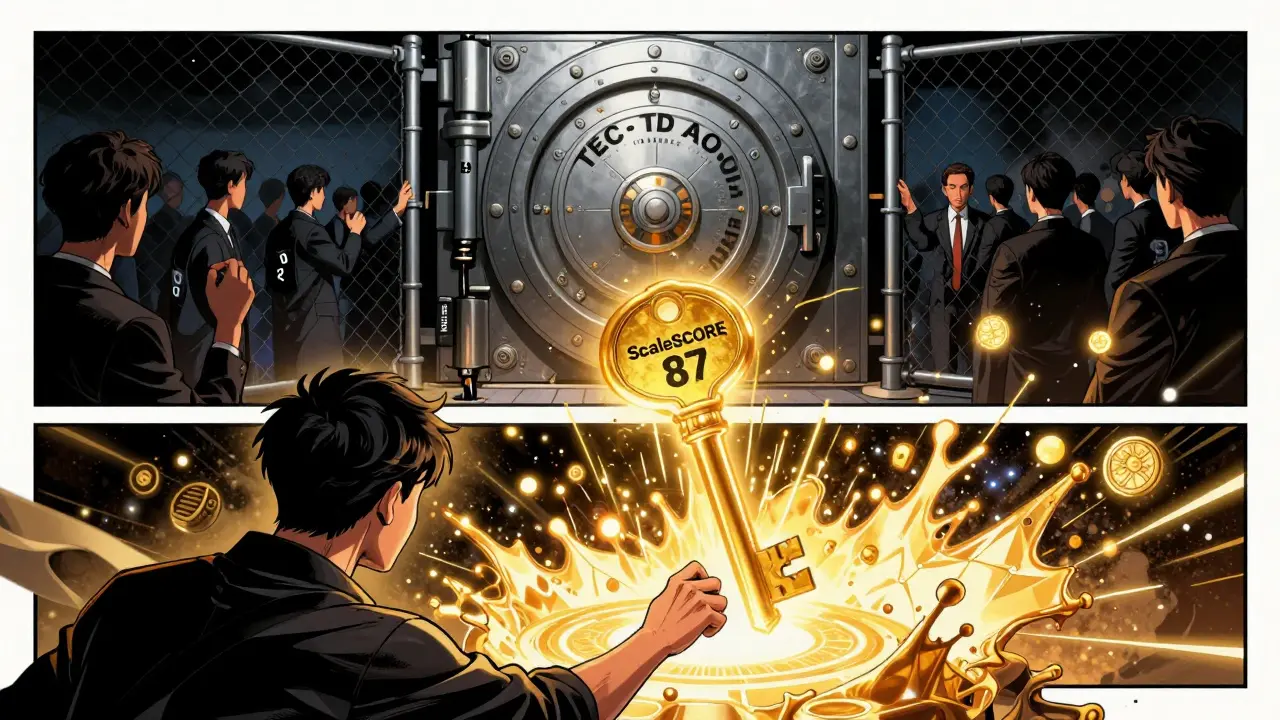 A glowing ScaleSCORE key unlocking a massive airdrop vault while speculators are locked out in a cyberpunk comic scene.