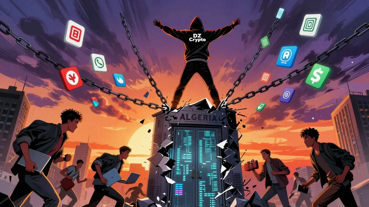 A hero standing atop a collapsing financial tower as digital chains break and people flee the city.