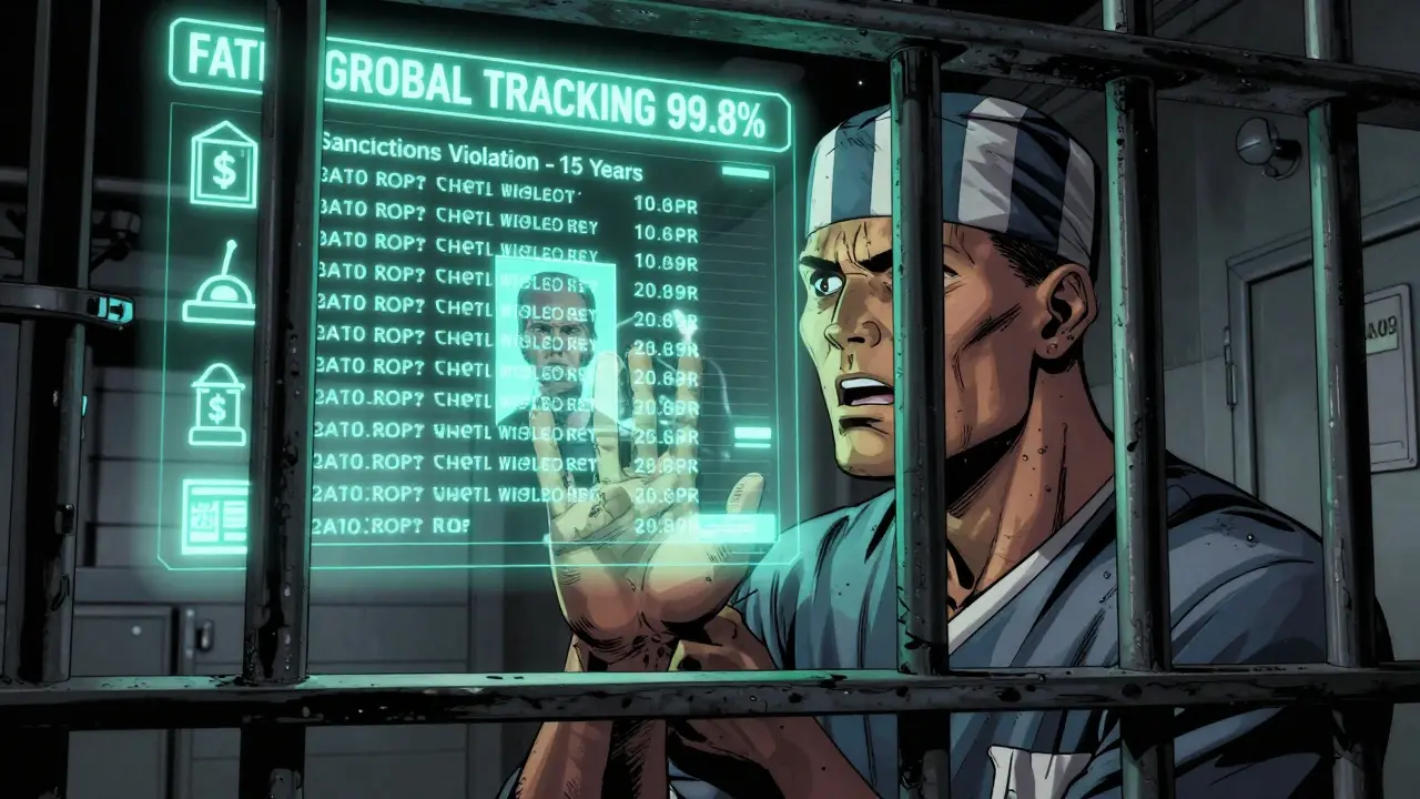 A prisoner faces a hologram of their traced crypto history in a high-tech prison cell.