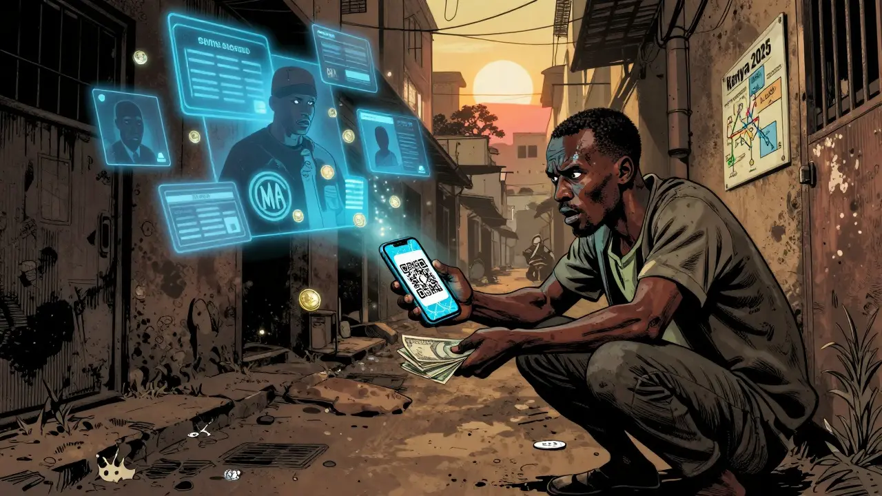 A trader exchanges cash for crypto in a dark alley as ominous symbols of scams and bans loom overhead.