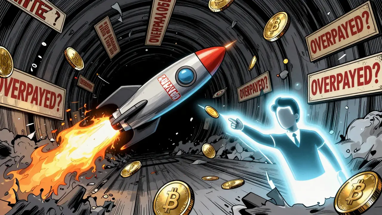 A transaction rocket splitting into burned base fee and tip to validator, chaotic fee auction in background.