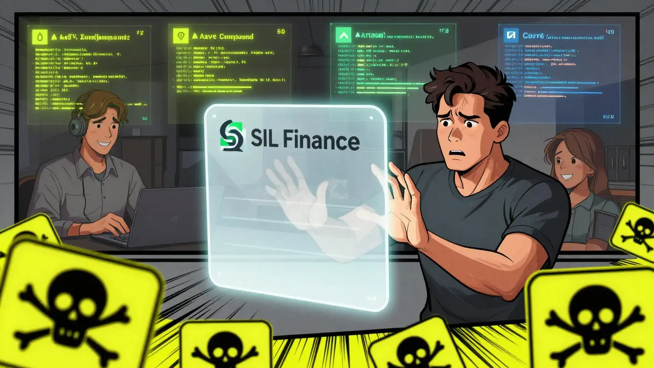 A user reaches for an empty SIL airdrop portal while legitimate DeFi projects glow brightly nearby.
