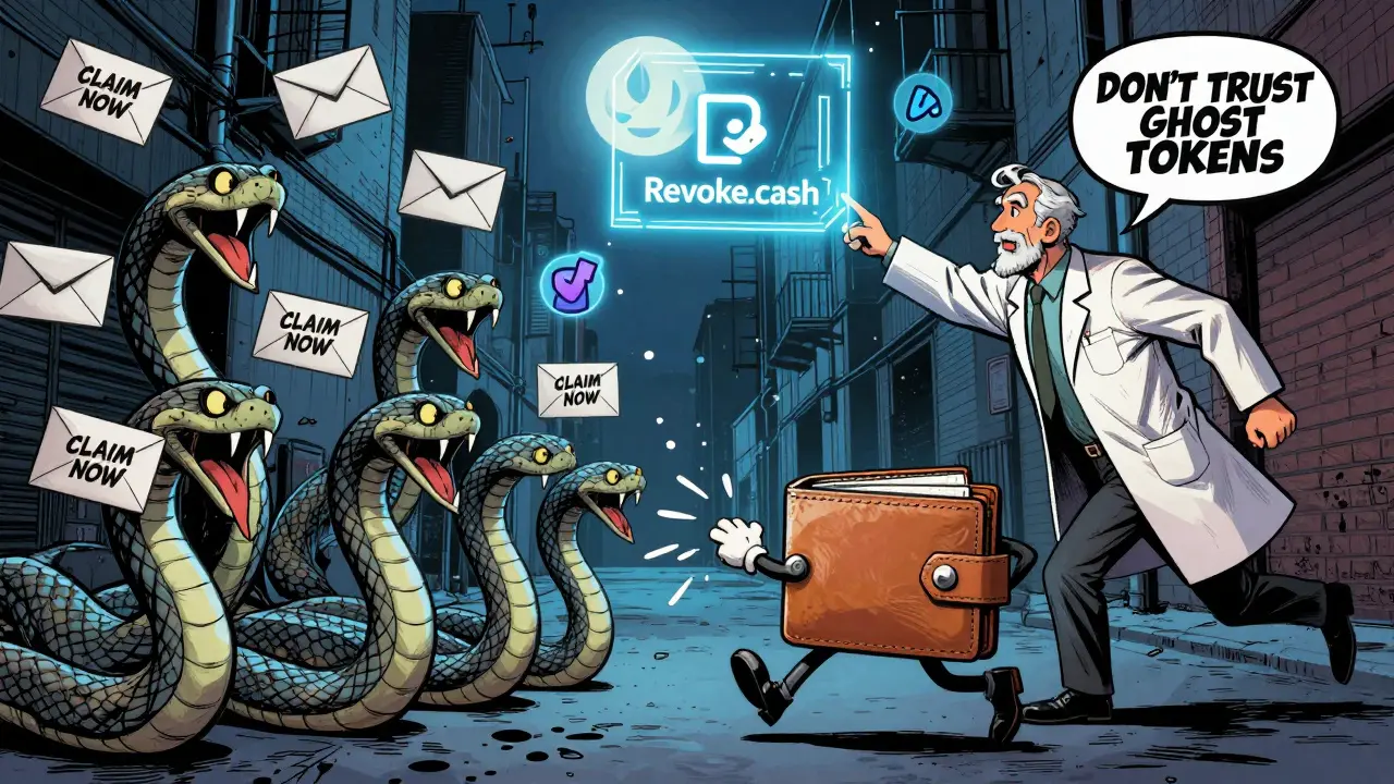 A wallet escapes phishing emails as a mentor guides toward verified crypto safety portals.