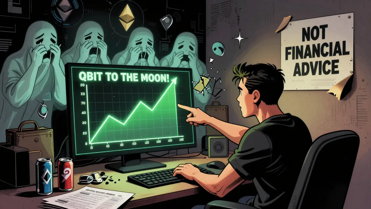 A YouTube creator points at a fake price graph while ghostly investors weep over empty wallets and outdated GitHub commits.