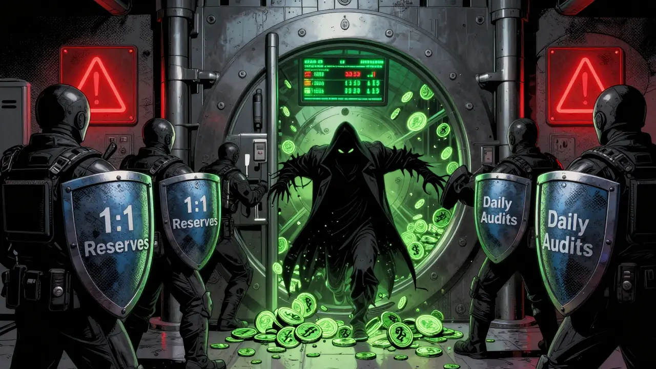 Armored compliance officers guard a stablecoin vault with glowing euro reserves against a shadowy threat.