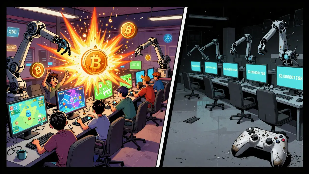 Chaotic trading floor with active blockchain games on one side and empty, decaying QBIT symbols on the other.