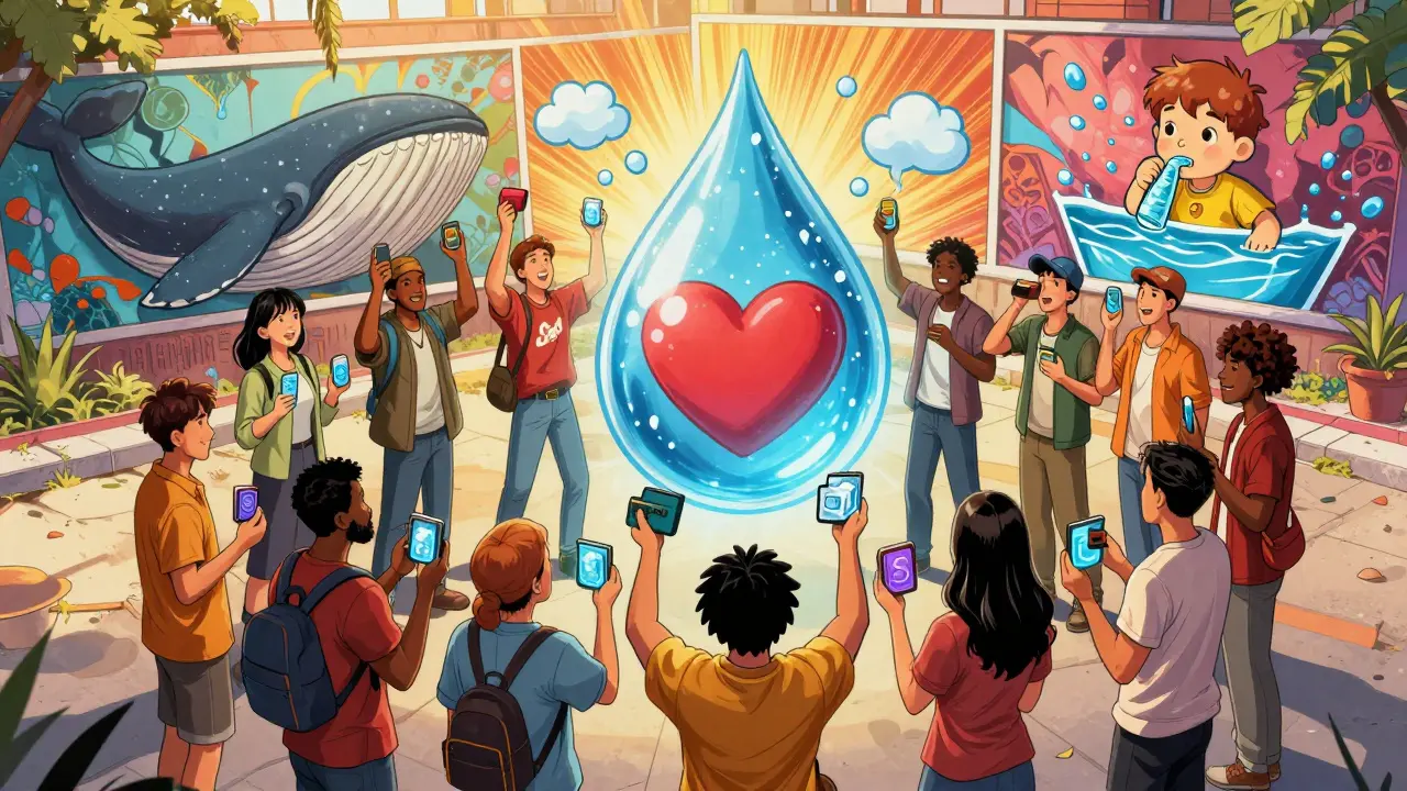 Community members gather around a water droplet turning into a charity heart