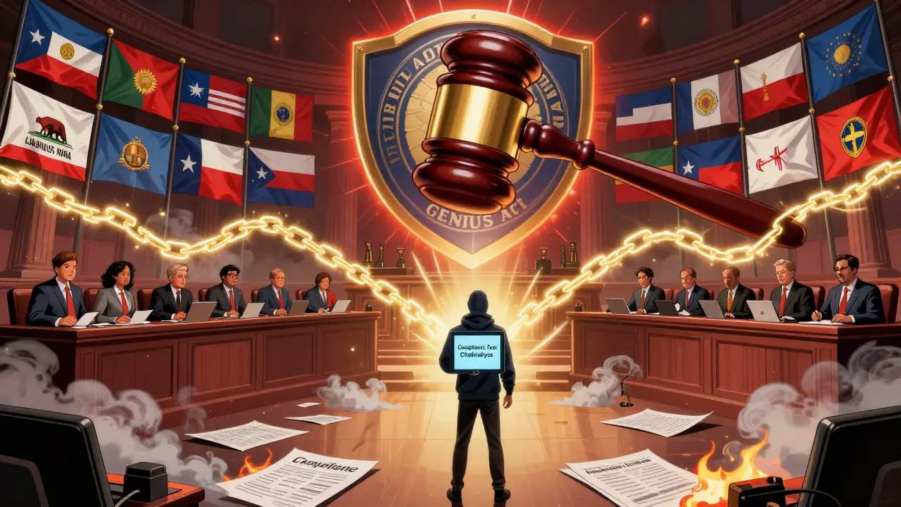 Courtroom battle: 22 states shield against federal gavel, entrepreneurs as superheroes, blockchain fence splitting the scene.
