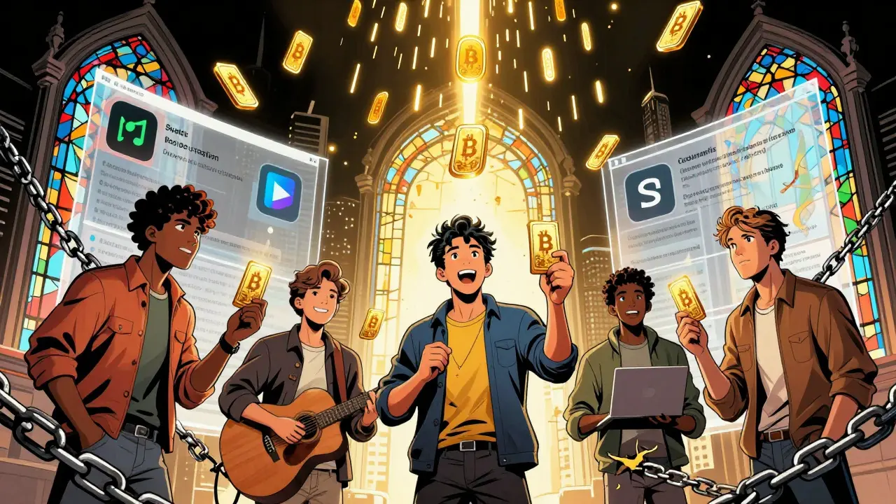 Creators receiving golden crypto payments as blockchain ledgers glow behind them, chains breaking free.