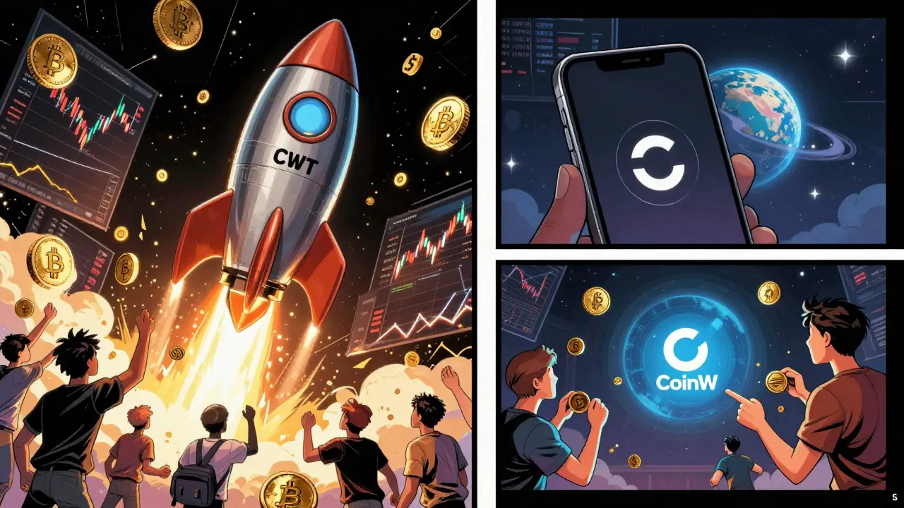CWT rocket launching from Plus Wallet app into a crypto-filled sky with cheering users.