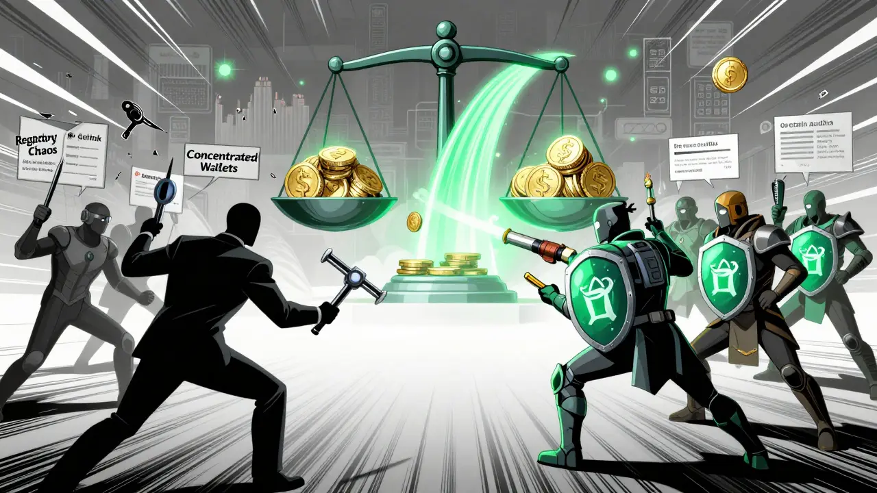 DAO heroes battle regulatory chaos with transparency and audits in a comic book battle scene.
