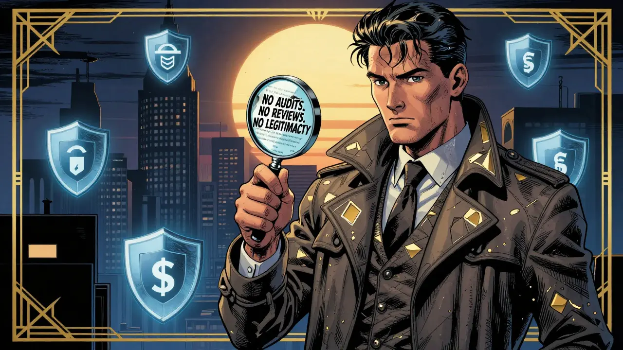 Detective reveals 'NO AUDITS NO REVIEWS' above a crumbling YEX website under real exchanges.