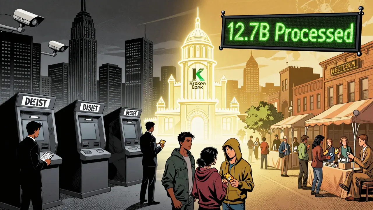 Divided city: dark New York with surveillance drones vs bright Wyoming with crypto bank and happy citizens using crypto cards.