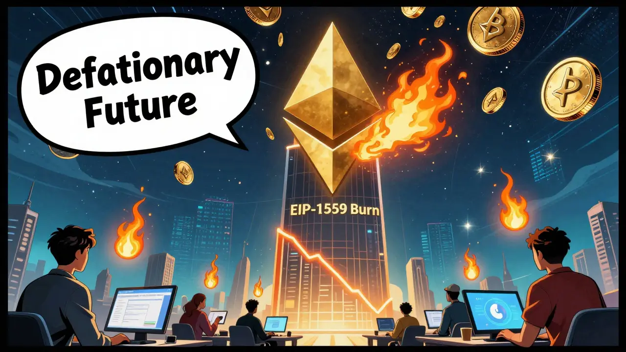 Ethereum tower consuming falling ETH coins with flame logo, users interacting with apps below in comic art style.