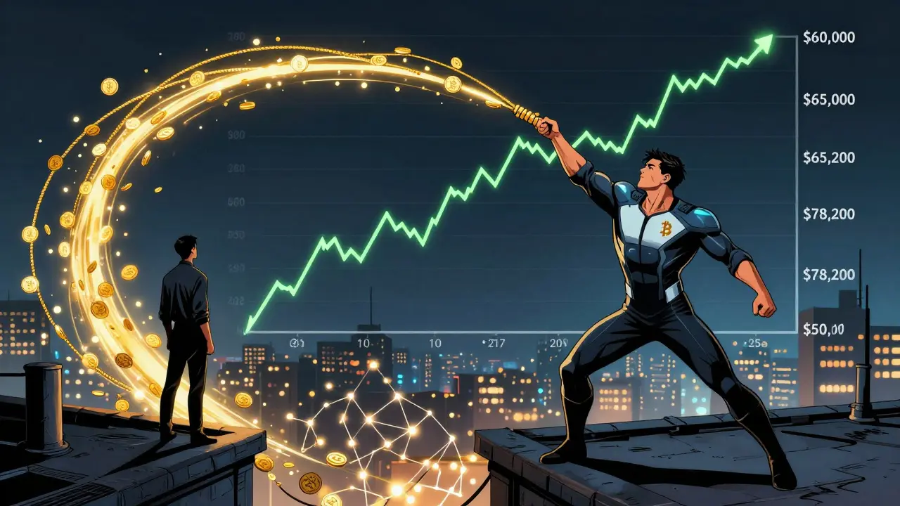 Golden trailing stop lasso climbs with Bitcoin, locking in profit as market dips.