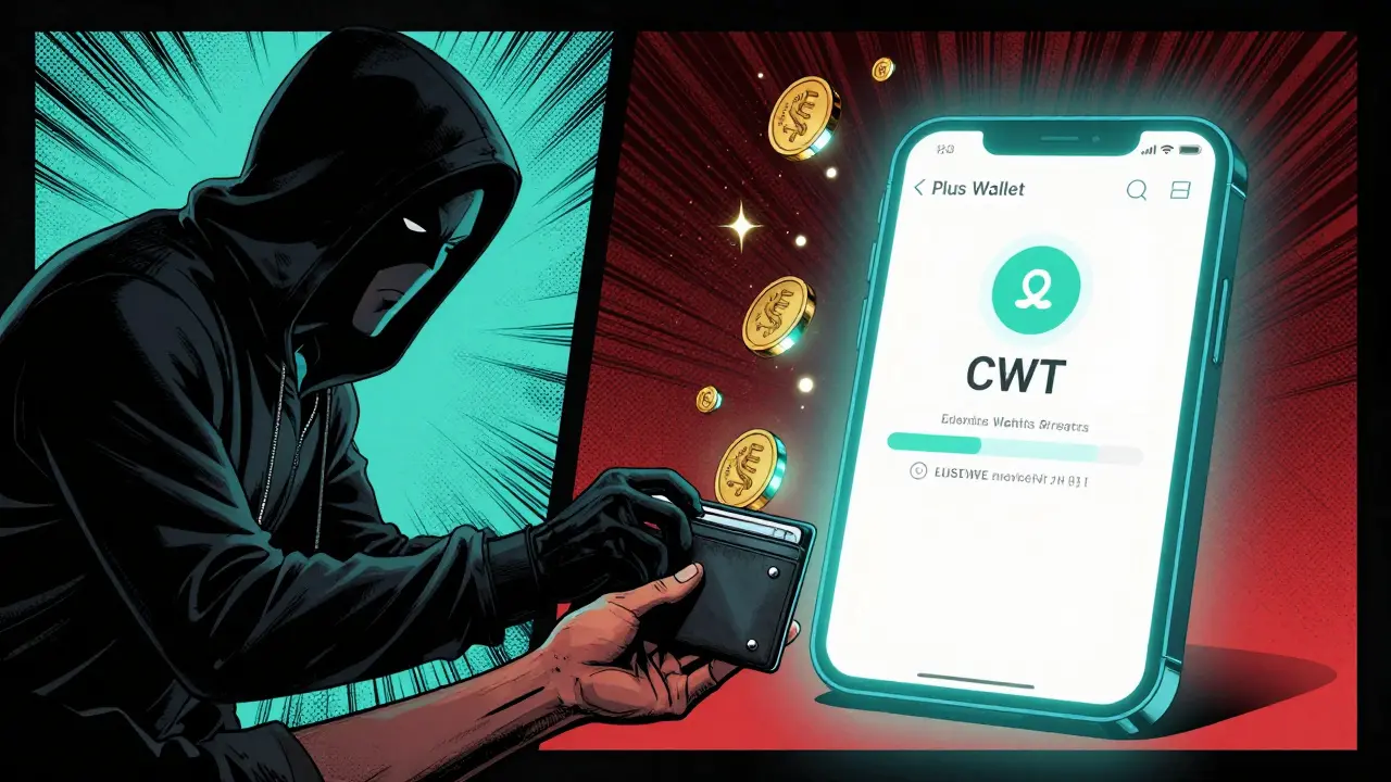 Hacker trying to steal wallet info while Plus Wallet safely distributes CWT rewards.