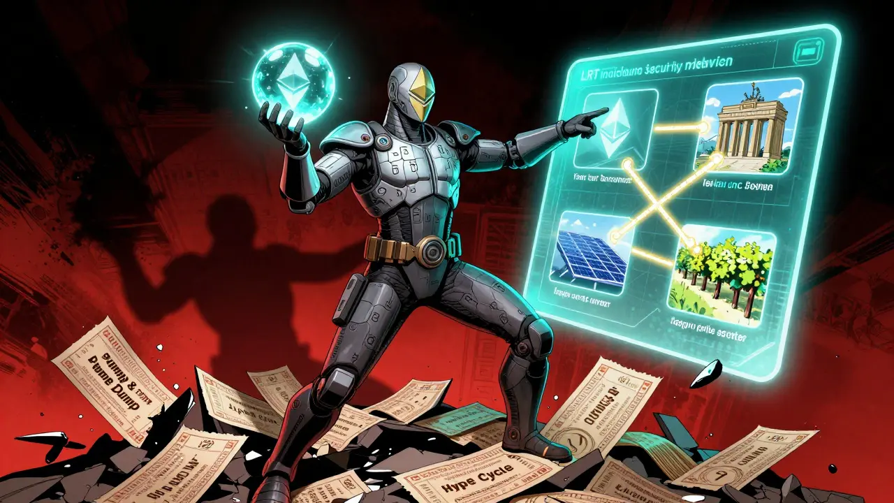 Hero in token-themed armor defeating old crypto speculation with a Liquid Restaking Token.