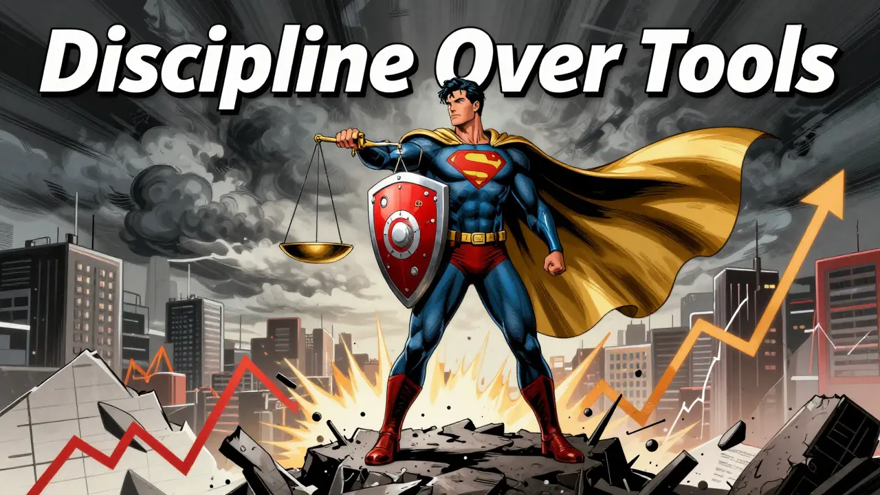 Hybrid trading suit with stop-loss shield and trailing stop cape, standing over market crash.