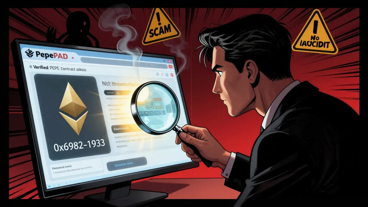 Investigator examining verified PEPE contract address while a fake PepePAD link vanishes into smoke and warning signs.