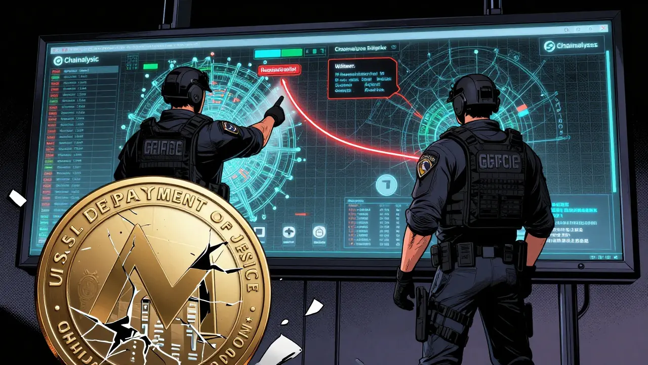 Justice agents analyze a digital crypto transaction map with red trails leading to a suspect’s IP.