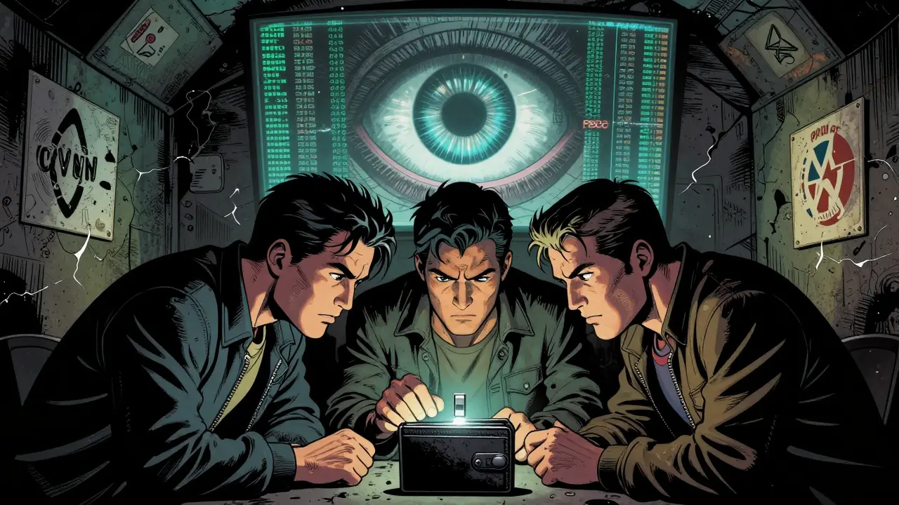 People hide a cold wallet in a bunker while a surveillance AI scans above them.