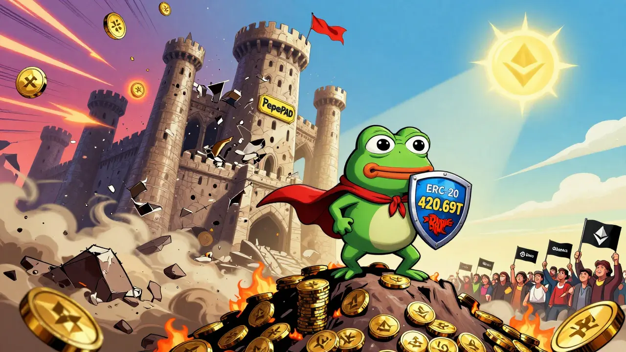 PEPE frog standing victorious on a mountain of burned tokens as the PepePAD fortress crumbles into dust.