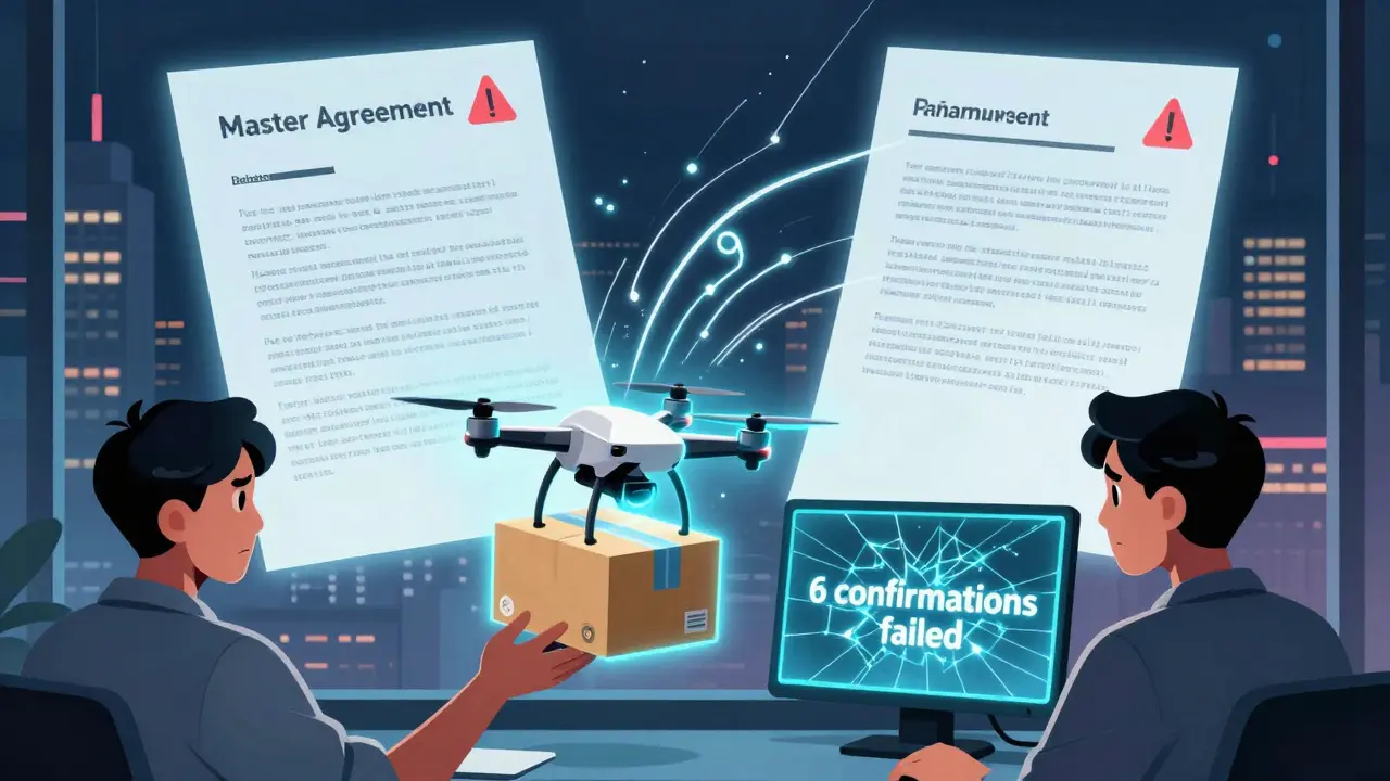 Smart contract fails as drone delivery triggers, contrasting with a glowing traditional legal document.