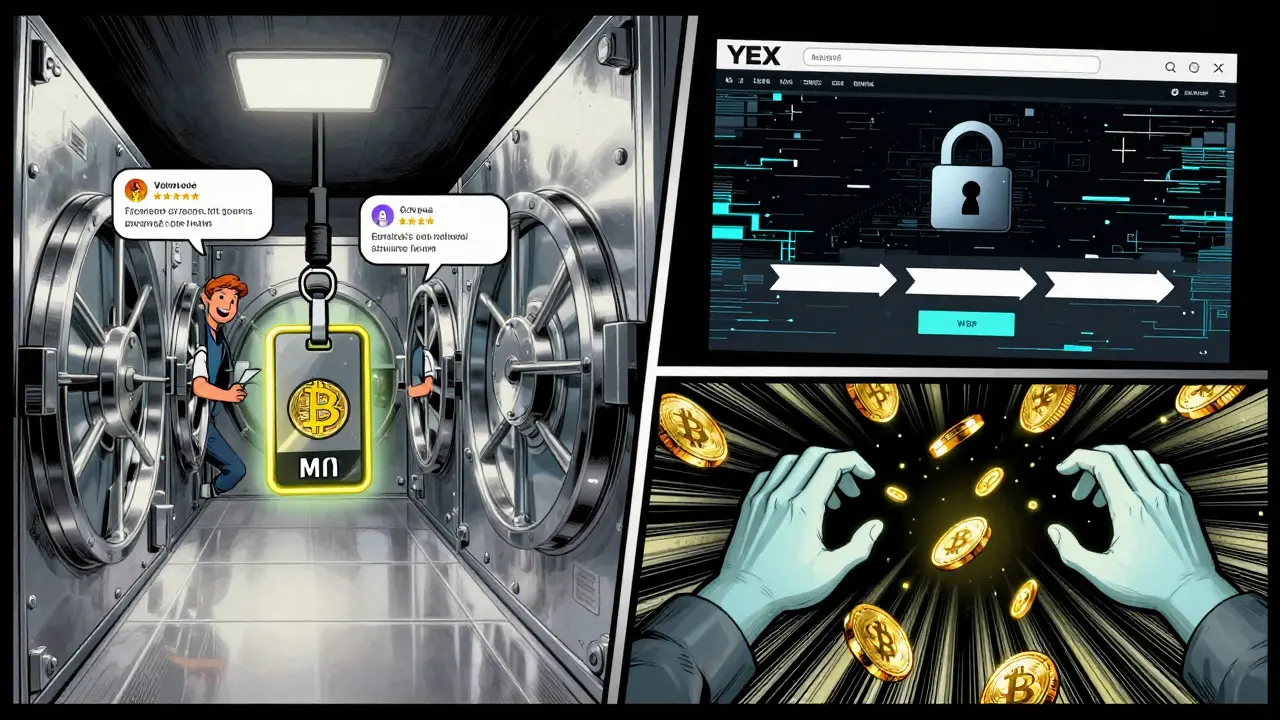 Split scene: secure exchange vs glitching YEX site with coins vanishing into darkness.