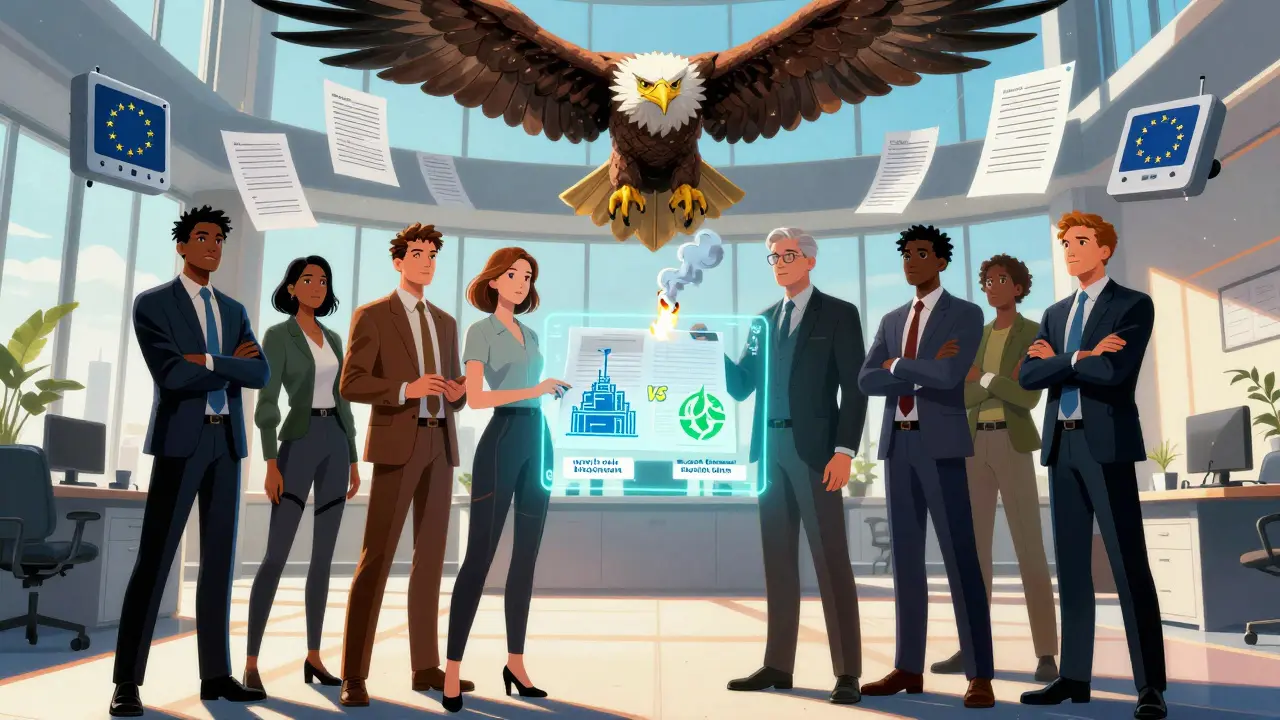Team presents whitepaper with holographic environmental data as ESMA eagle observes from above.