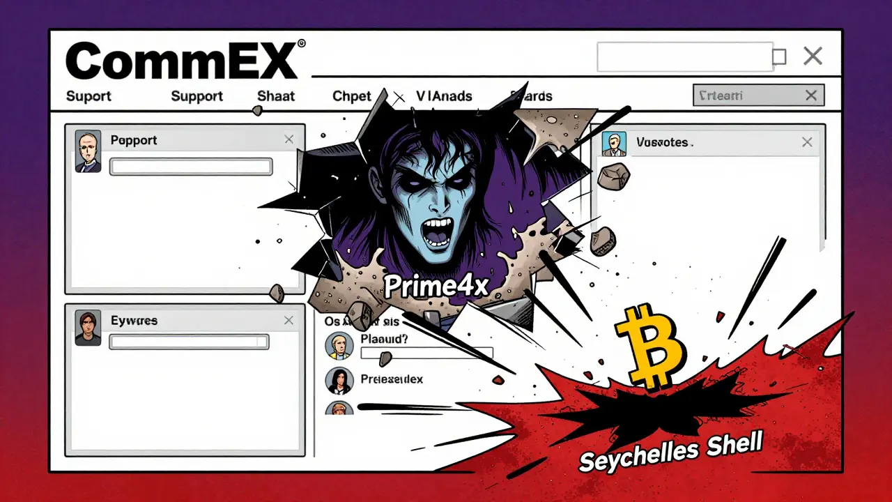The CommEX website crumbles to reveal the ghost of Prime4x beneath, with funds vanishing into a black hole.