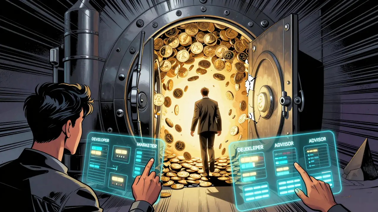 Tokens returning to a treasury core as an employee leaves, with customized vesting sliders visible.