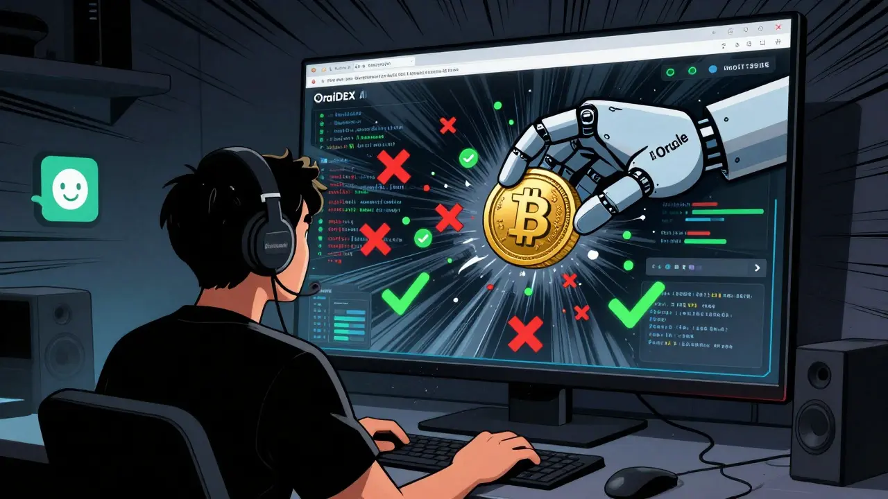 Trader watching AI verification system crush fake tokens with holographic test cases swirling around.