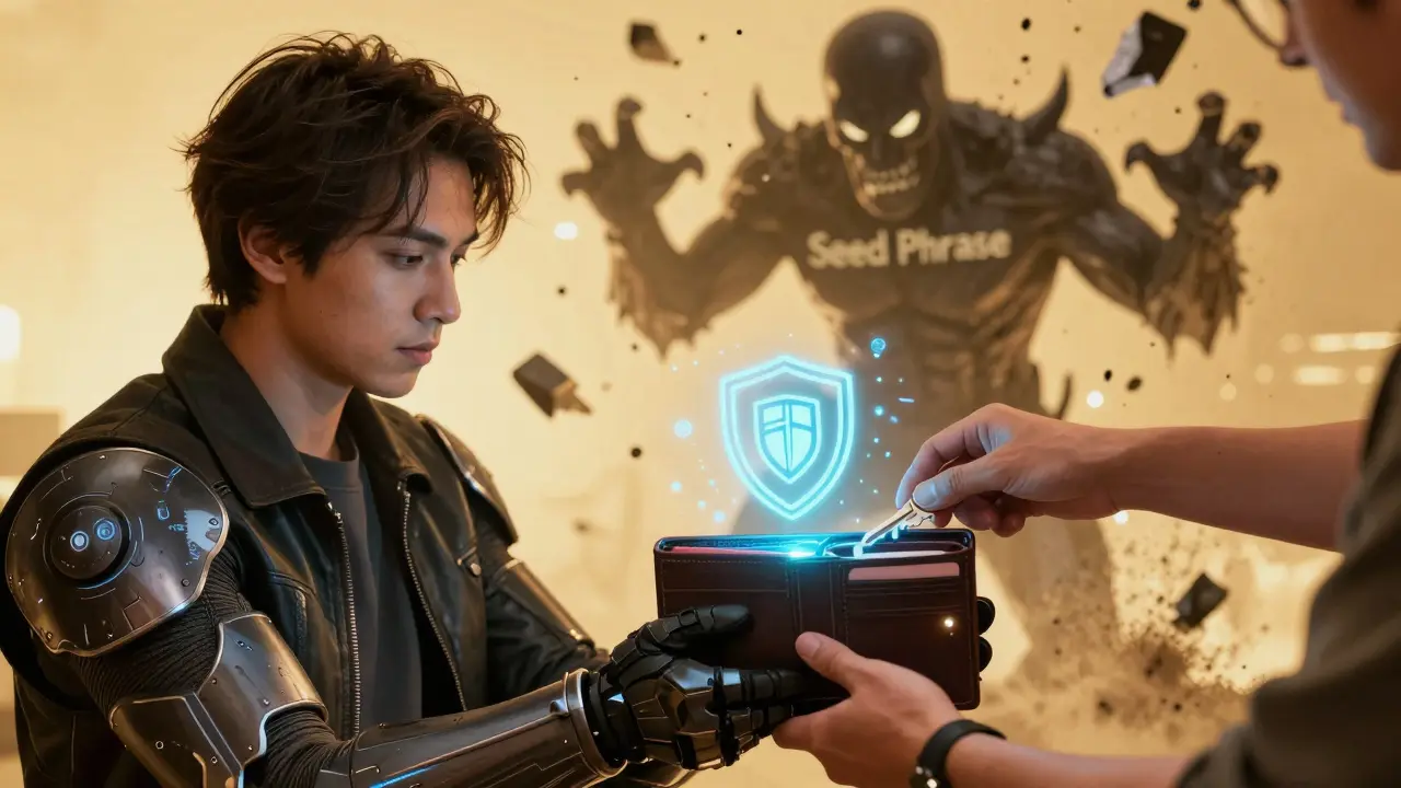 User recovering wallet with friends as seed phrase monster crumbles, golden light of security shining.