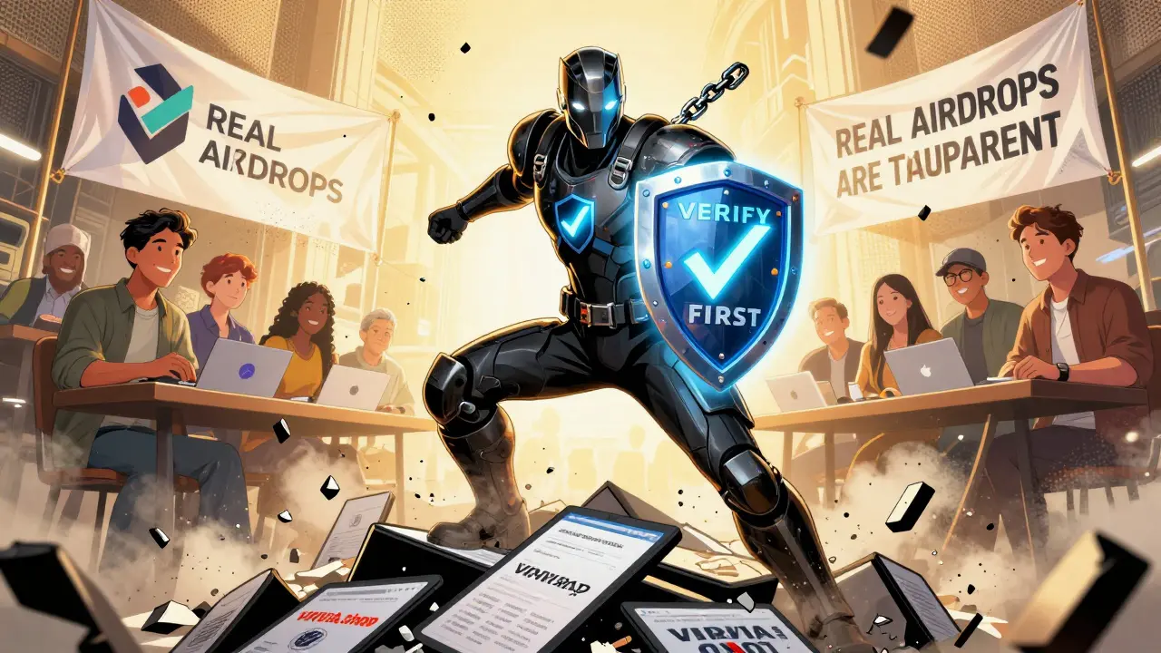 A blockchain hero destroys fake scam sites while users safely claim real airdrops.