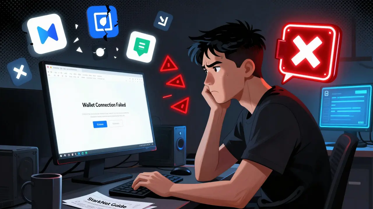 A confused user faces wallet errors while a StarkNet wallet glows nearby, surrounded by failed crypto icons.