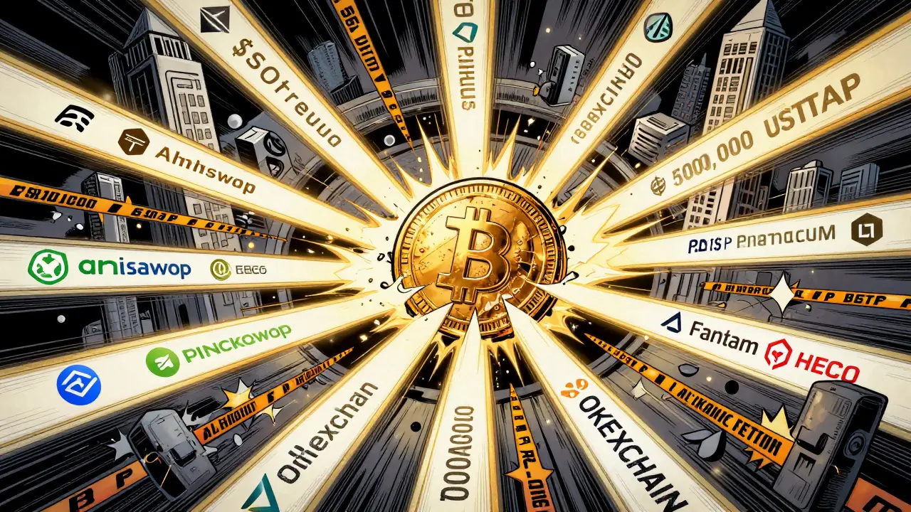 A giant USDT coin splits into eight energy streams racing through labeled blockchain tunnels with DEX logos glowing along the paths.