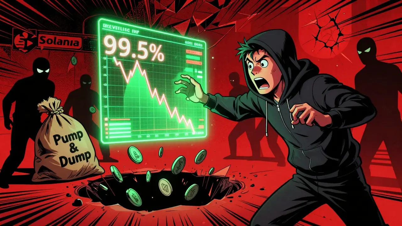 A panicked investor facing a crashing crypto chart while shadowy figures dump tokens into a pit.