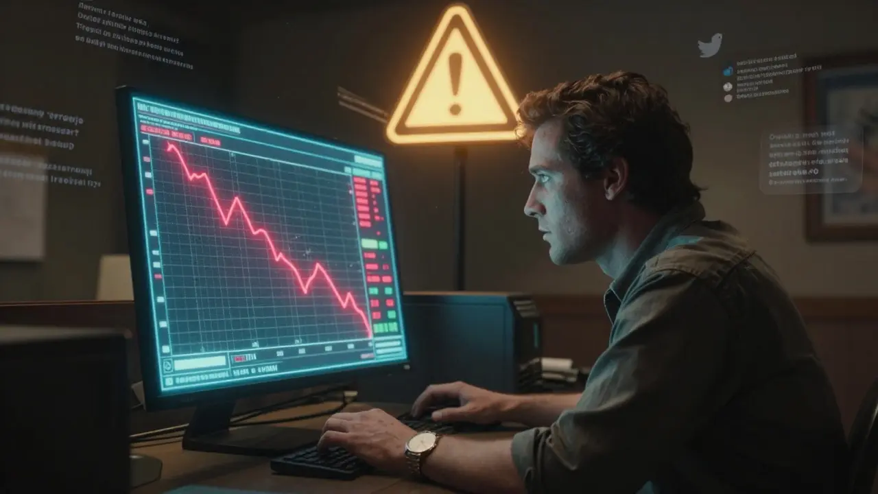 A trader watching a hologram showing rising price and falling sentiment, with ghostly social media posts swirling around.