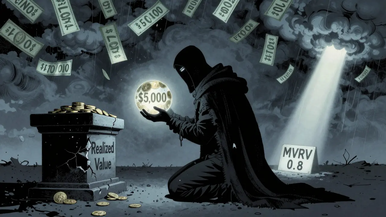 Bitcoin miner kneeling at realized value altar under stormy price clouds, light shining on MVRV 0.8.