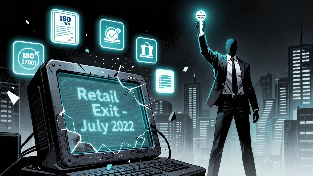 Broken terminal with 'Retail Exit' text surrounded by certification icons and liquidity streams under a prime broker's spectral figure.