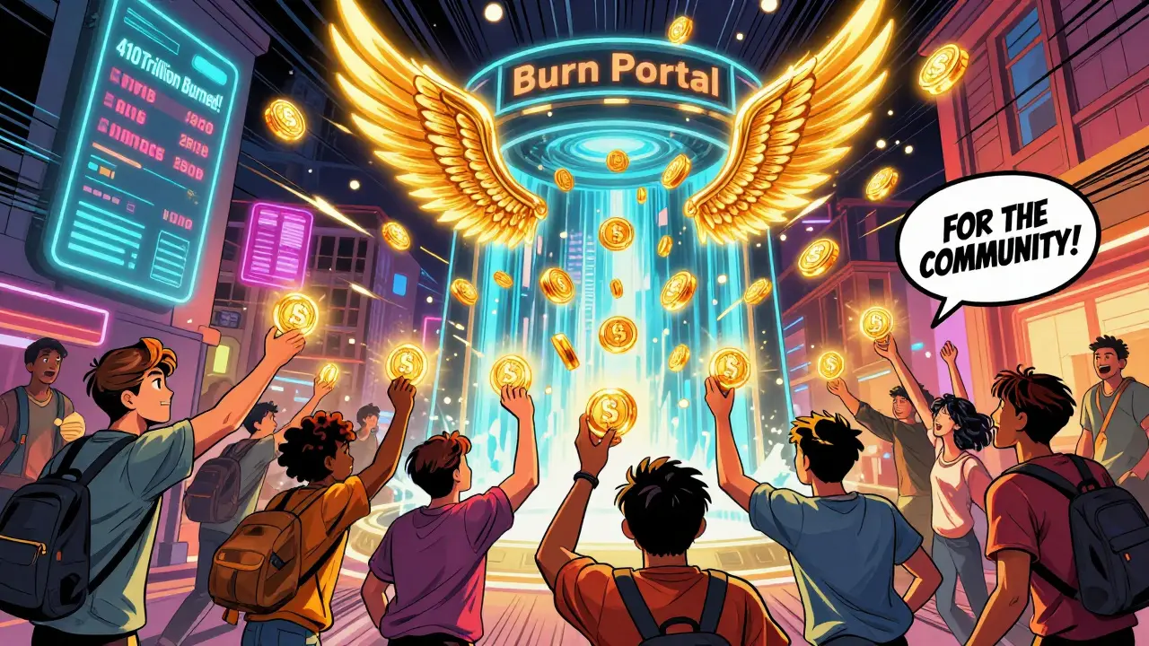 Community members throwing SHIB tokens into a portal that turns them into golden NFT wings.